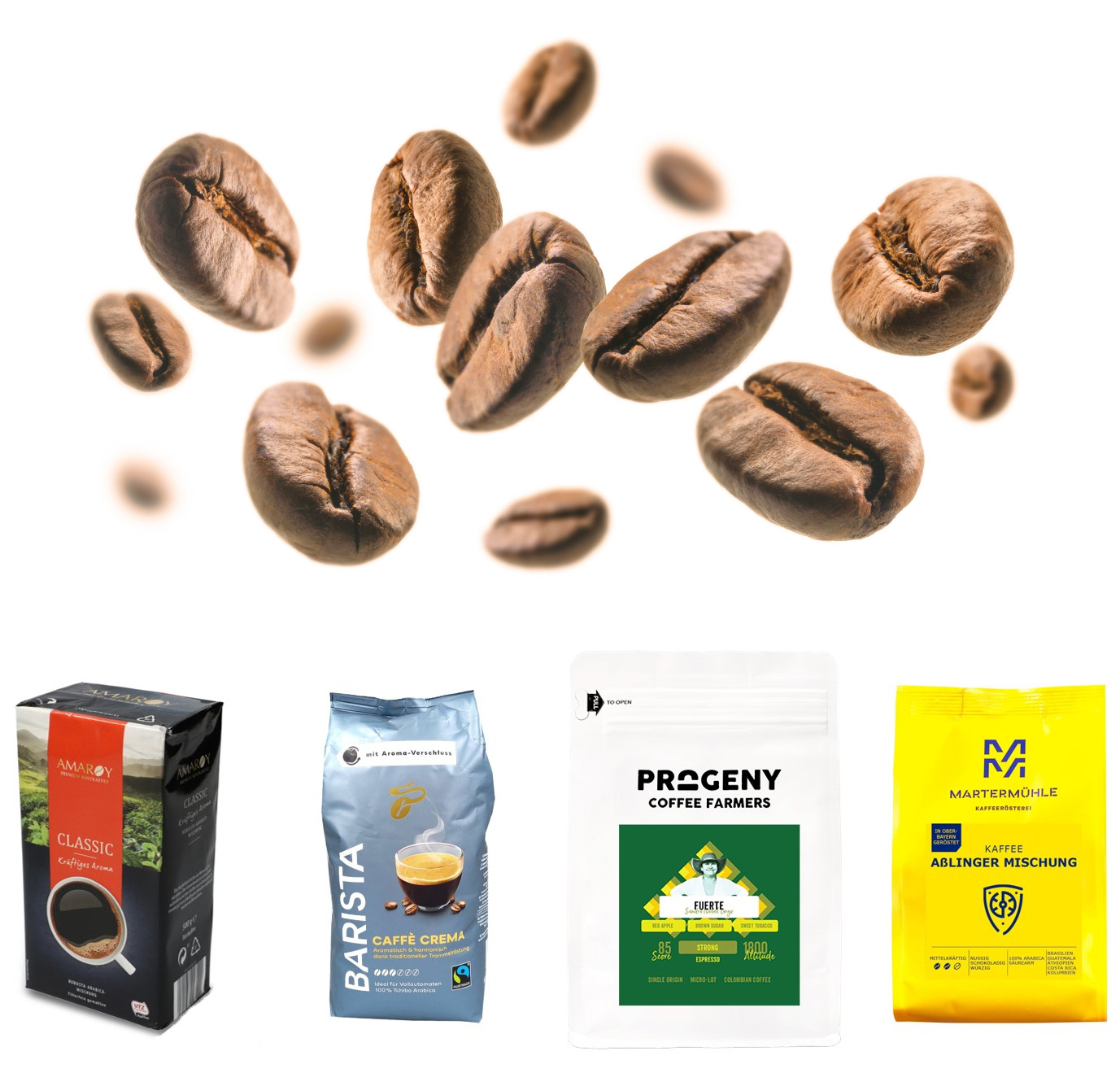Coffee beans raining on five packages of different coffee brands that were analyzed by the industrial food sensor HaVoc® Sensory System