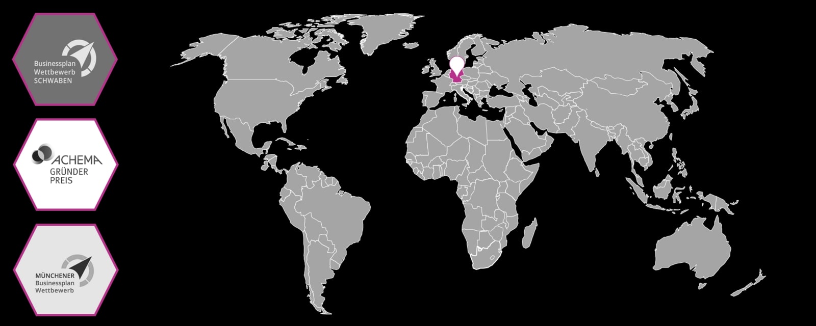 World map with a highlighted country (Germany) and the logos of three prizes (Businessplan Wettbewerb Schwaben, Achema Gründerpreis, Münchener Businessplan Wettbewerb) showing the Plasmion development story