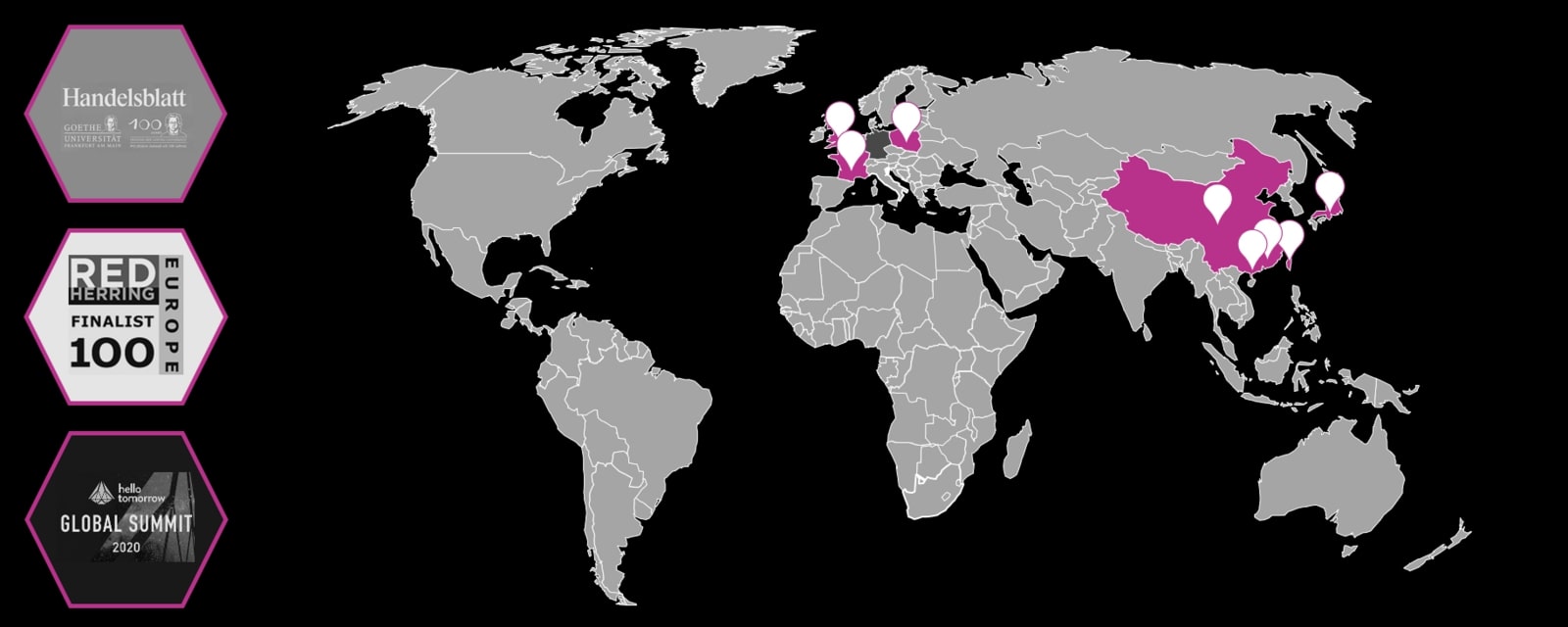 World map with eight highlighted countries and the logos of three prizes (Handelsblatt, Red Herring, Global Summit) showing the Plasmion development story