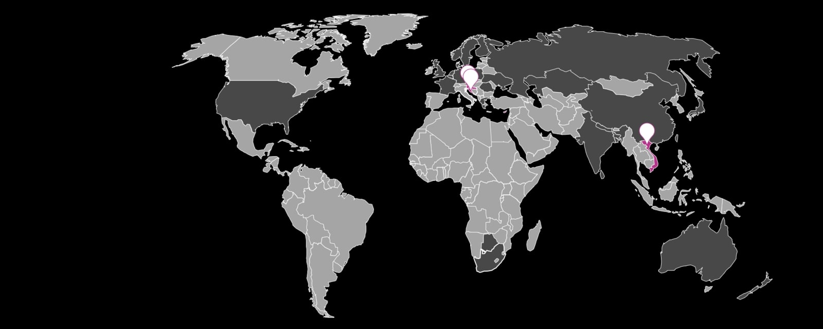 Alt: World map with three highlighted countries showing the Plasmion development story