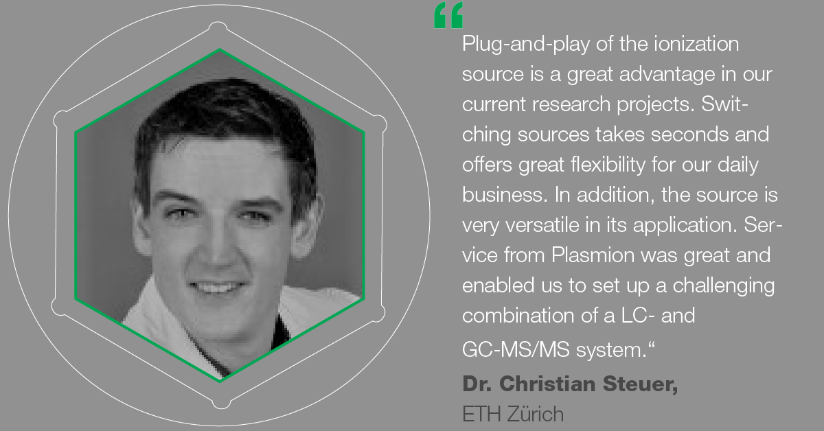 Photograph of Dr. Christian Steuer, Plasmion customer, in an ion-source-shape and a quote concerning their experience with the product