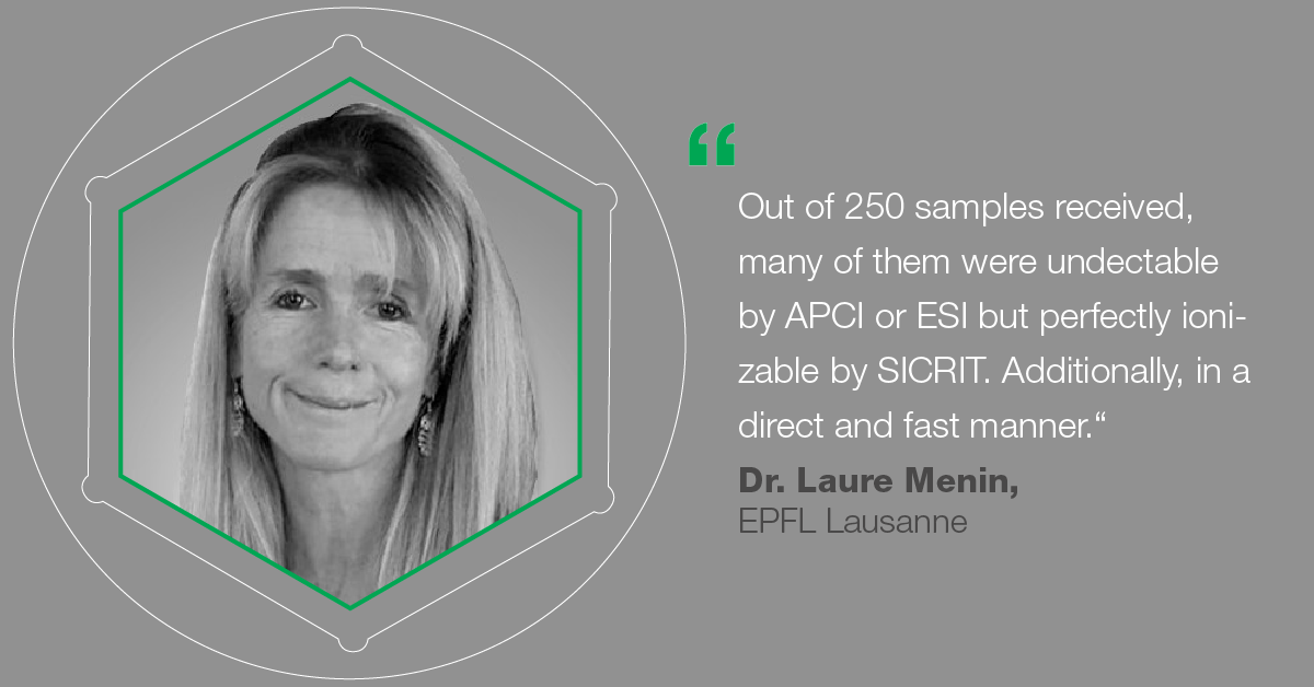 Photograph of Dr. Laure Menin, Plasmion customer, in an ion-source-shape and a quote concerning their experience with the product