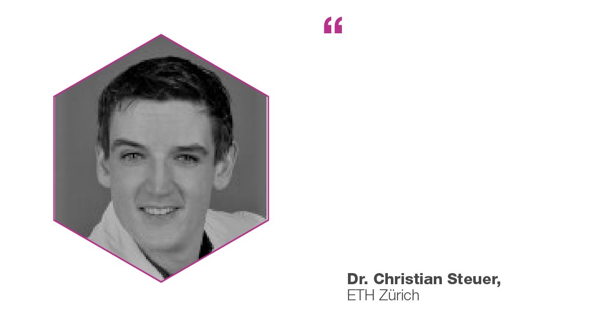 Photograph of Dr. Christian Steuer, Plasmion customer, in an ion-source-shape and a quote concerning their experience with the product
